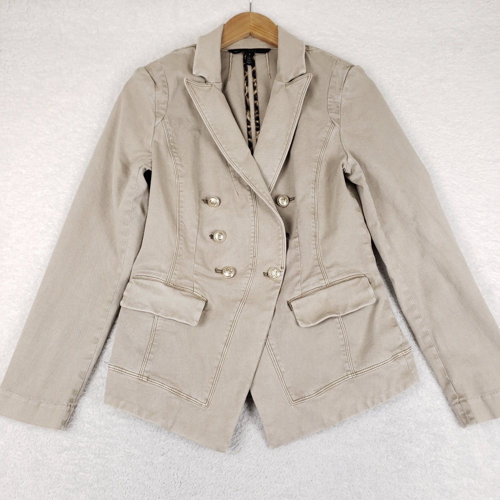 White House Black Market Tan Double Breasted Blazer Crest Button Leopard Trim 6